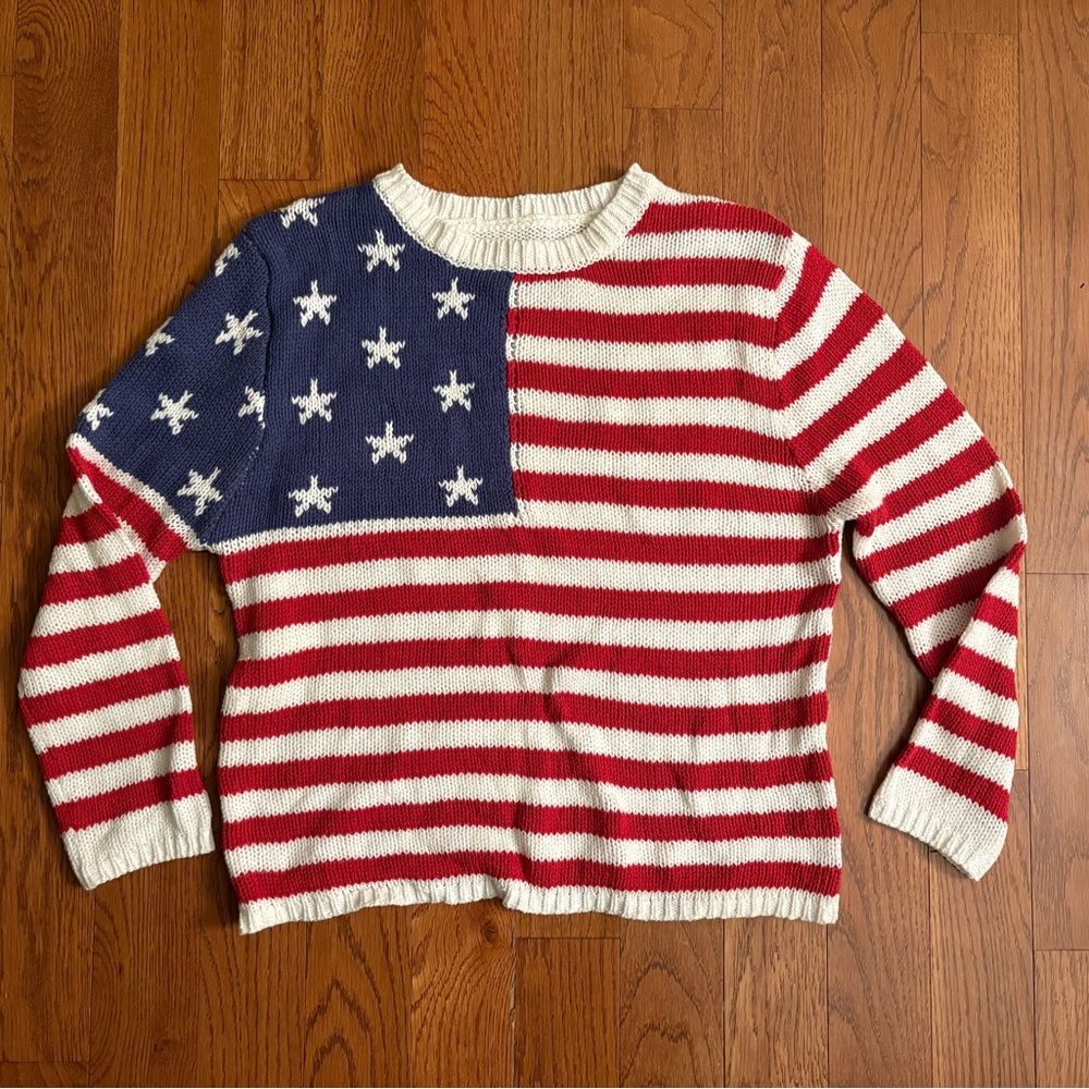 Grayson Threads White American Flag Knit Oversized Soft Sweater Size Small USA